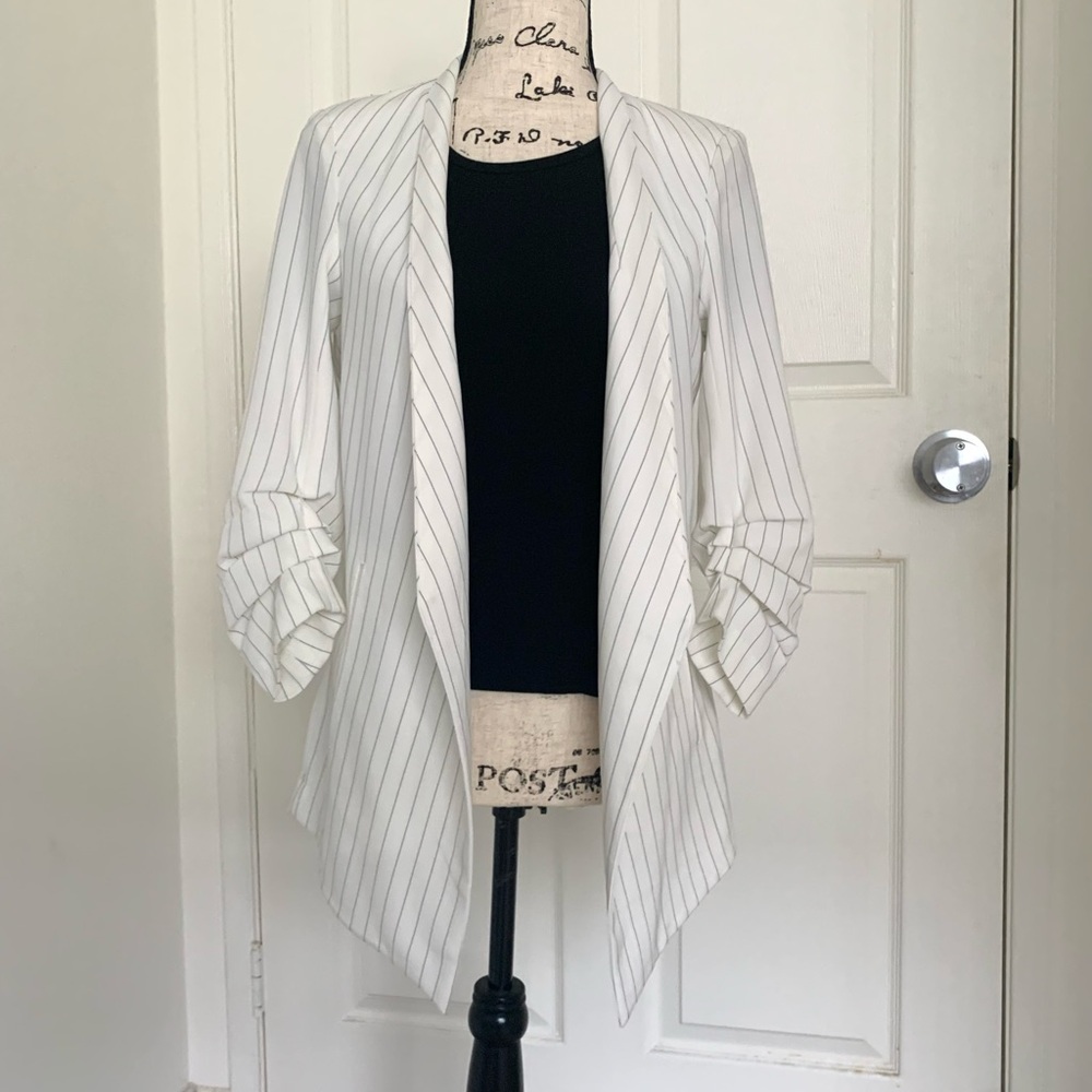 Rachel Zoe White Pinstripe Blazer Classic Tailored Jacket - Picture 2 of 4